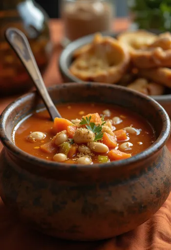 Sopa vegana de alubias al pimentón servida