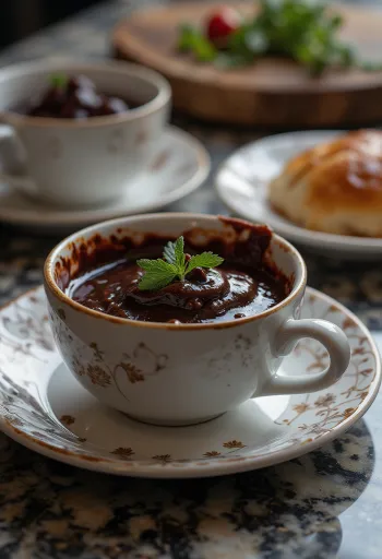Salsa de vino tinto, chocolate y chile en un bol, decorada con trozos de chocolate y chile.
