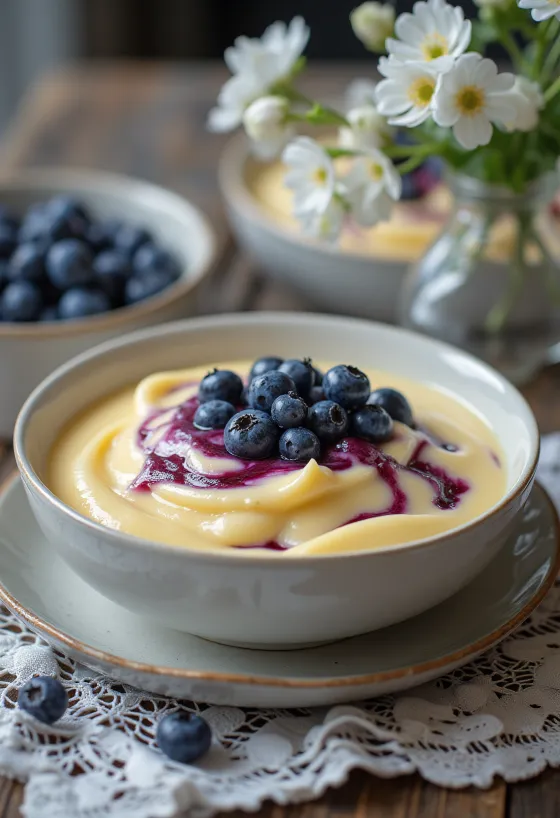 Salsa de vainilla con arándanos servida