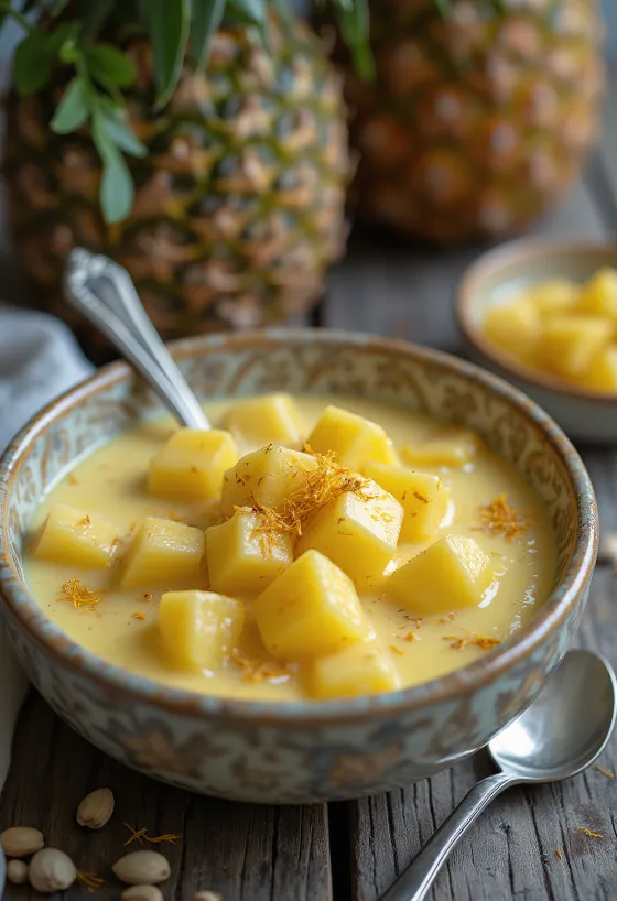 Basundi con piña, rica crema de leche y trozos de piña fresca