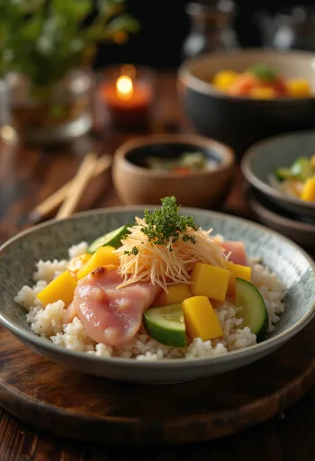 Bol de Chirashi servido con mango y verduras frescas