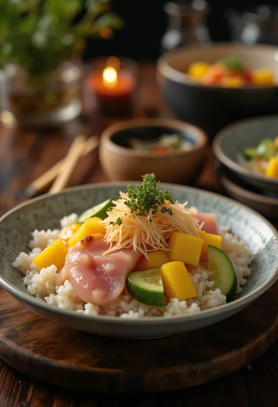 Bol de Chirashi servido con mango y verduras frescas