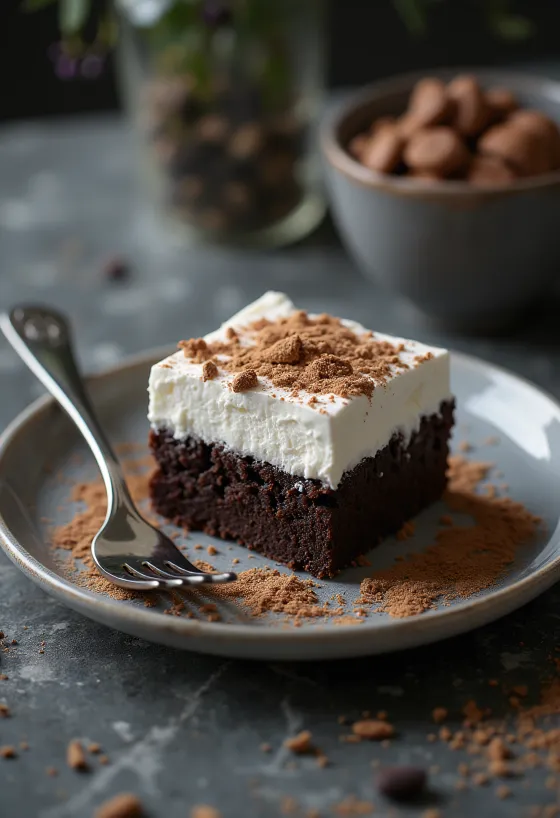 Pastel de chocolate con nata servido