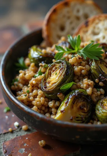 Ensalada de farro con coles de Bruselas tostadas y reducción de balsámico