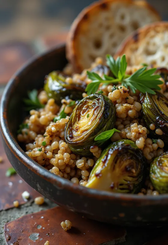 Ensalada de farro con coles de Bruselas tostadas y reducción de balsámico