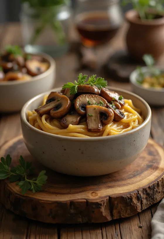 Salsa de champiñones al balsámico servida con pasta