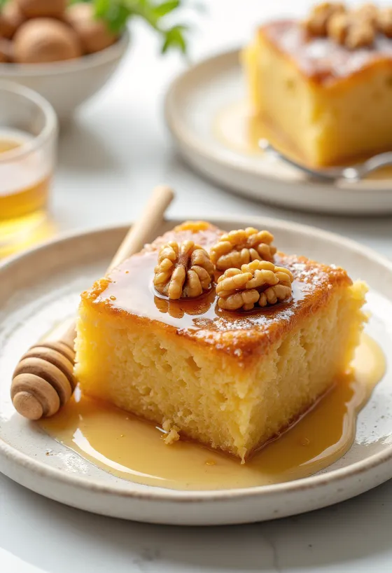 Tarta griega de miel y nueces decorada con nueces y glaseado de miel