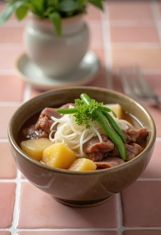 Nikujaga con fideos shirataki, carne de ternera y verduras