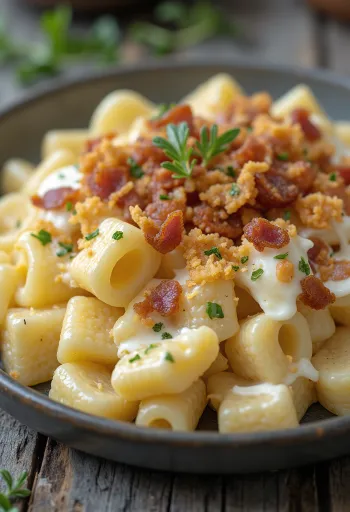 Pasta con requesón espolvoreada con torreznos y servida con eneldo fresco