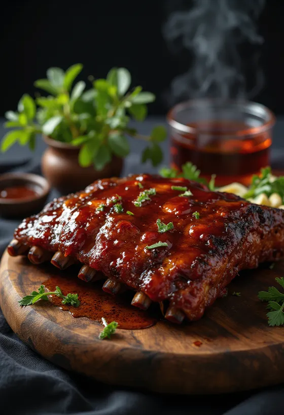 Costillas BBQ servidas con patatas asadas y ensalada