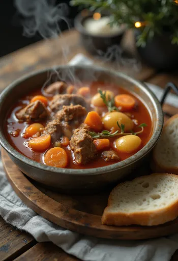 Goulash en caldero ahumado, servido generosamente con pan fresco