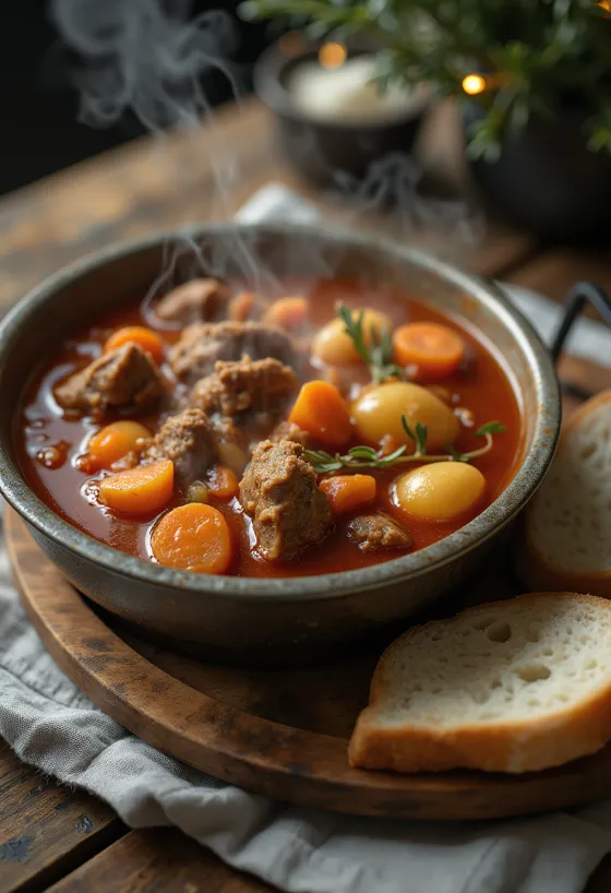 Goulash en caldero ahumado, servido generosamente con pan fresco