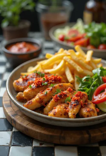 Plato de gyros picante con carne asada, verduras y salsa de chile