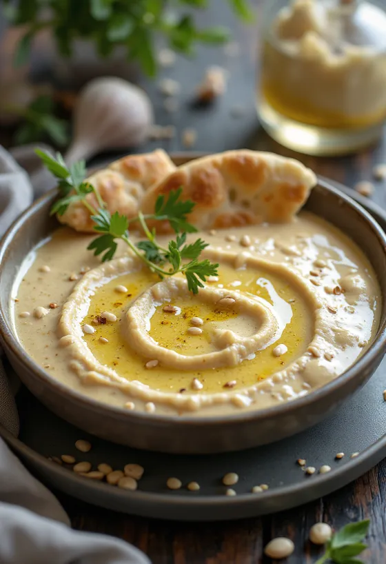Salsa de tahini al curry con ajo servida