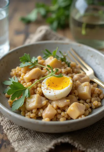 Ensalada de farro con berenjena asada y salsa tahini cremosa