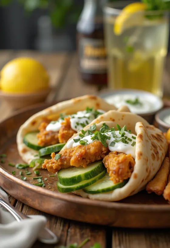 Gyros en pita servido con verduras frescas y salsa tzatziki