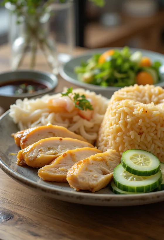 Arroz con pollo de Hainan servido con pepino fresco y cilantro