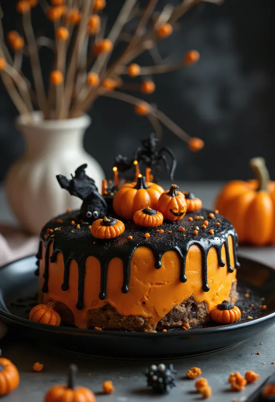 Tarta de Halloween con fondant naranja y decoración negra