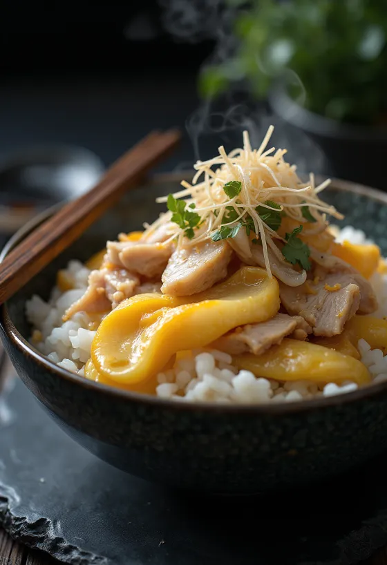 Oyakodon con katsuobushi servido sobre arroz cocido, rico en sabores