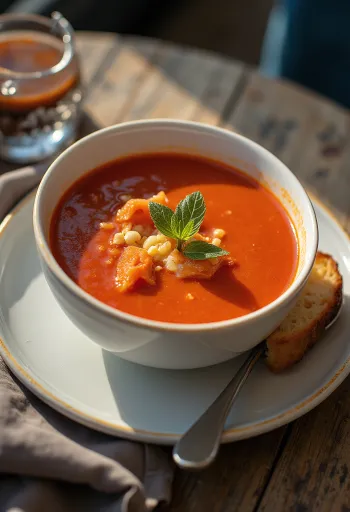 Sopa de tomate servida con albahaca aromática y picatostes