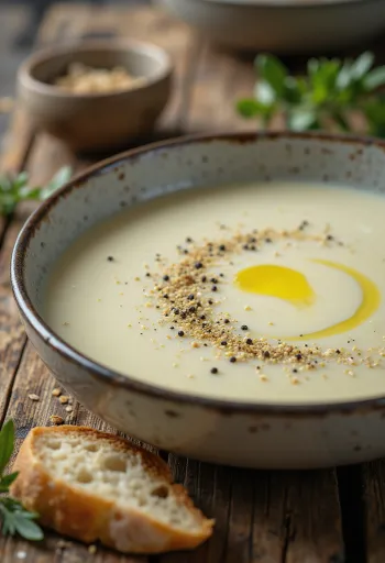 Crema de puerros prebiótica servida, textura rica y cremosa