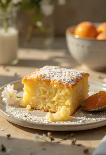 Suflé de arroz horneado hasta dorarse, espolvoreado con azúcar glas y servido con mermelada de frutas
