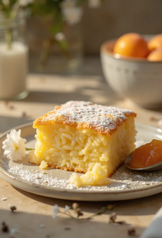 Suflé de arroz horneado hasta dorarse, espolvoreado con azúcar glas y servido con mermelada de frutas