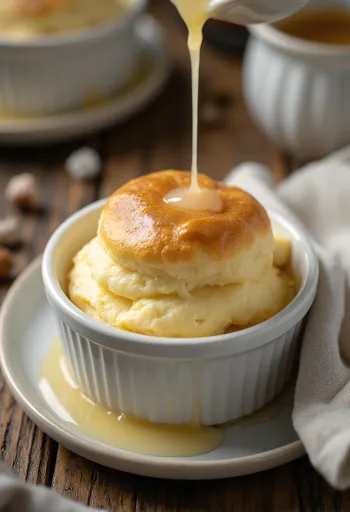 Soufflé de vainilla al licor de huevo servido