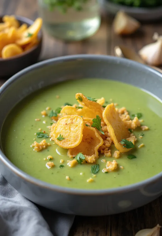 Velouté vegana de calabacín con chips de ajo servida
