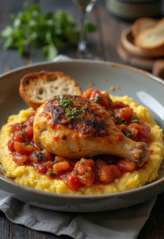 Pollo Cacciatore servido con polenta, salsa de tomate y albahaca fresca
