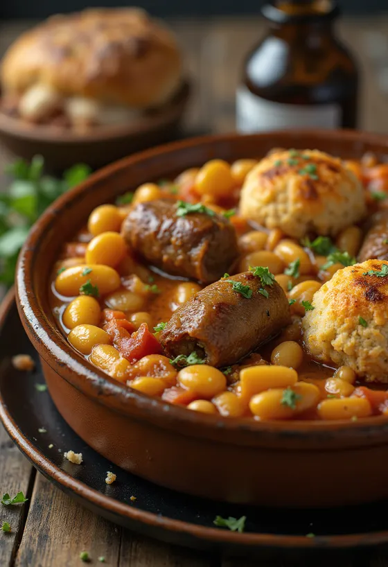 Cassoulet con cordero, plato único con alubias y salchicha