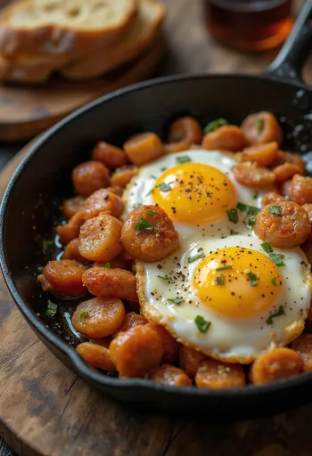 Chistorra con huevos, un plato español con embutido crujiente y huevos jugosos