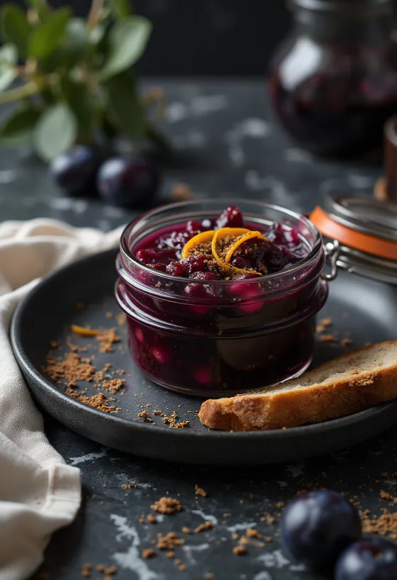 Chutney de ciruela con canela y piel de naranja servido