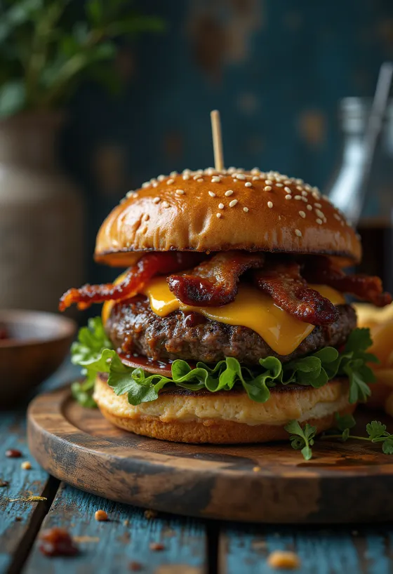 Hamburguesa ahumada con queso cheddar y bacon