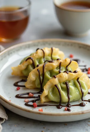 Gyoza dulce con relleno de mascarpone y matcha servida con chocolate fundido