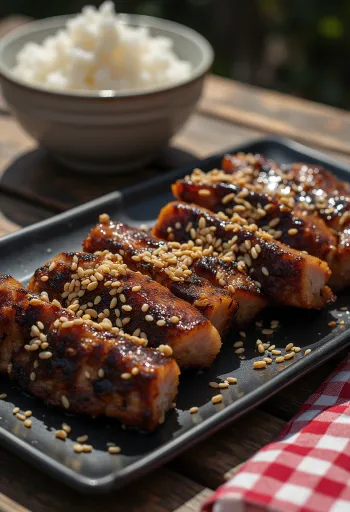Kalbi Galbi, ternera a la parrilla coreana con semillas de sésamo y fruta fresca