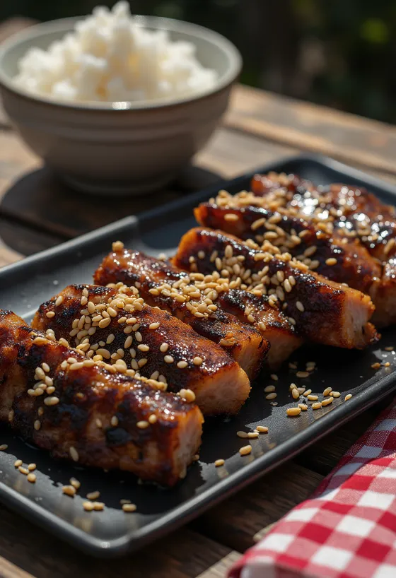 Kalbi Galbi, ternera a la parrilla coreana con semillas de sésamo y fruta fresca