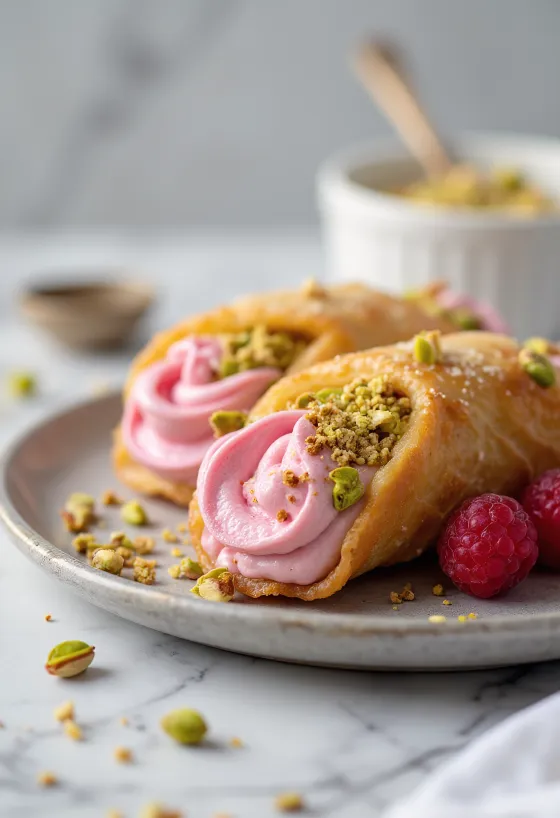 Postre cannoli de frambuesa y pistacho servido