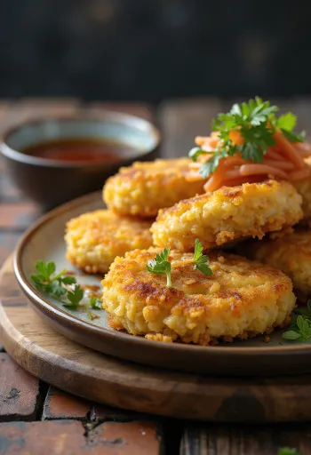Menchi Katsu vegano, empanado y crujiente, servido con verduras