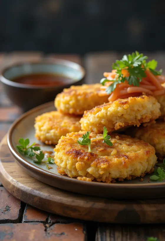 Menchi Katsu vegano, empanado y crujiente, servido con verduras
