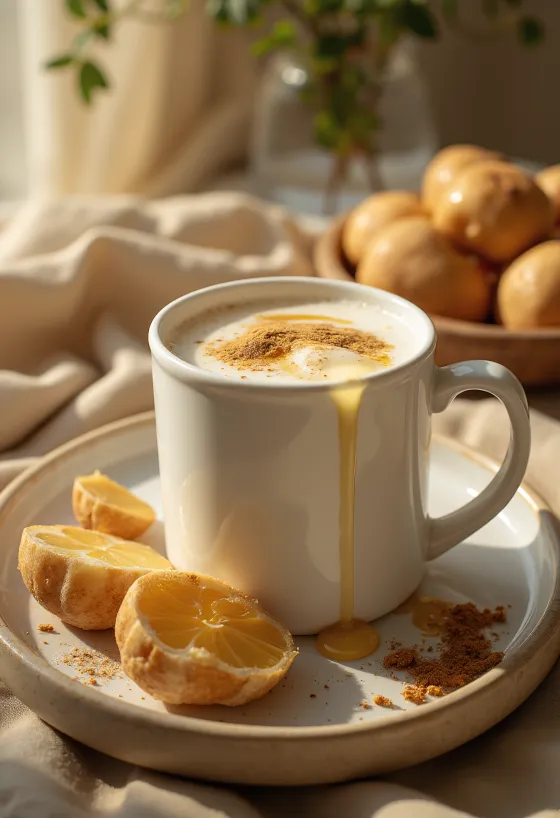Taza de leche con miel decorada con canela en polvo