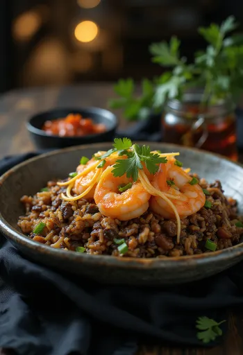 Nasi Goreng con Gambas, servido con ricas especias, gambas y huevo