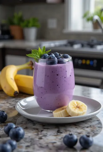 Bebida de kéfir con arándanos y plátano en vasos, textura cremosa clara con arándanos encima