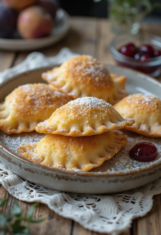Raviolis dulces de ciruela recién cocidos, espolvoreados con pan rallado tostado.