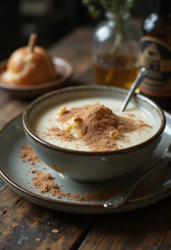 Cremosa sémola con leche espolvoreada con cacao, servida con frutas frescas.
